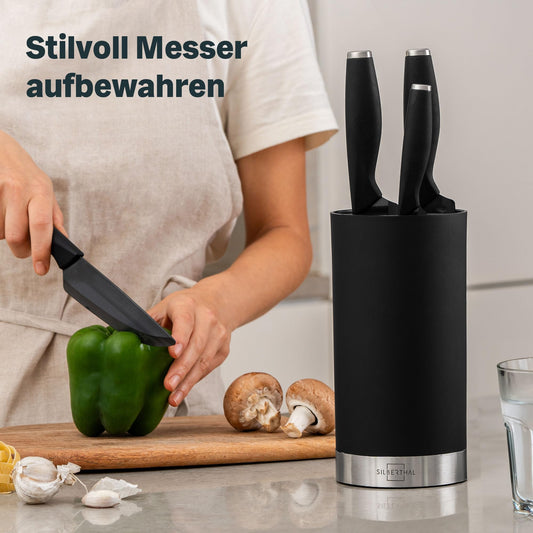 SILBERTHAL Universal Knife Block without Knives - removable bristle insert - storage for up to 10 knives - Black - Recycled plastic with stainless steel ring