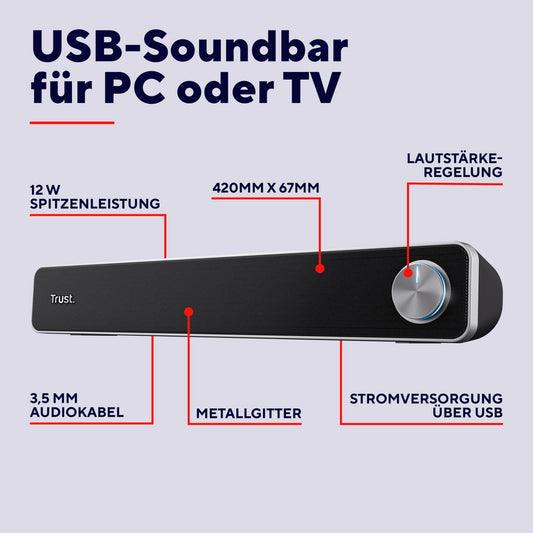 Trust Arys Soundbar, PC speakers, USB powered, 12W peak power, 3.5mm AUX connection, computer speakers for PC, monitor, laptop, TV, music - Black