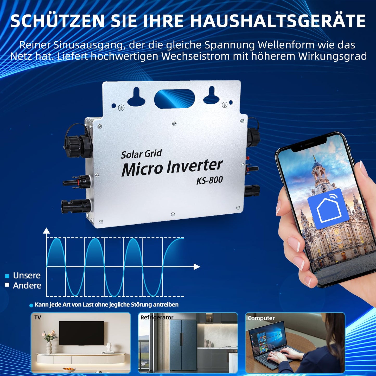 800w inverter - IP65 waterproof inverter - Solar inverter with WLAN app for 2 solar panels for balcony power plant, 190-270V AC balcony power plant inverter, Silver