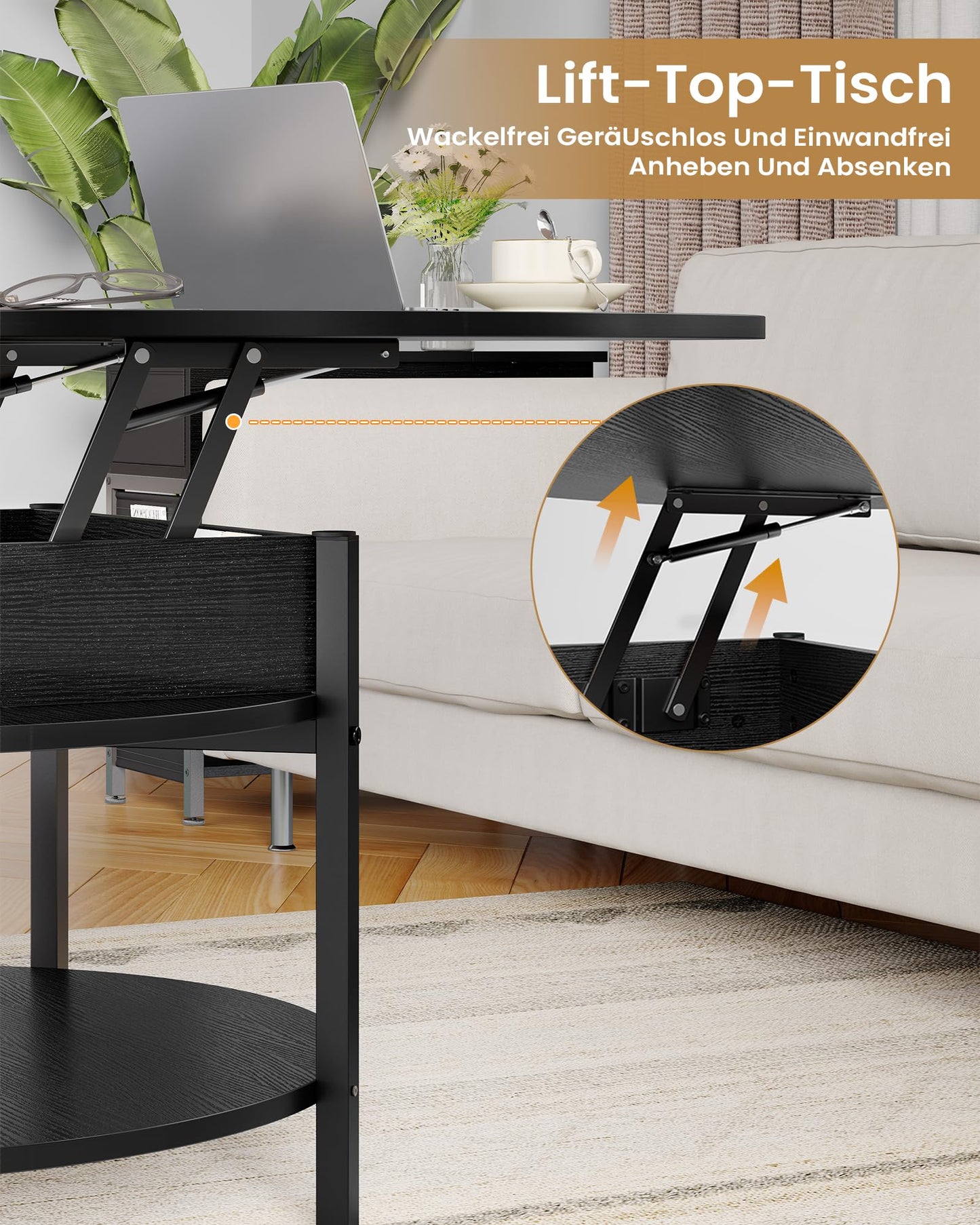 Round coffee table with lift top, height-adjustable coffee table, side table, living room table with hidden storage, open compartment, metal frame, for living room, office, 70 x 70 x 50 cm, Black