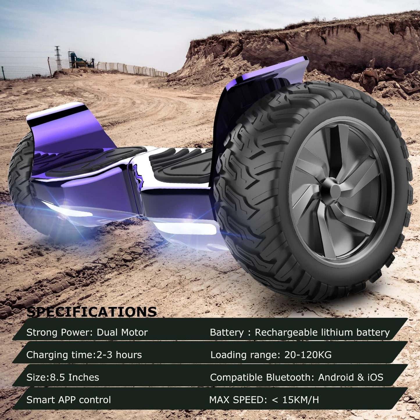 GeekMe Hoverboards Offroad 8.5 Inch, SUV Hoverboards with APP, Bluetooth Speaker, Dual Motor, LED Lights, All Terrain Hoverboards for Kids and Adults