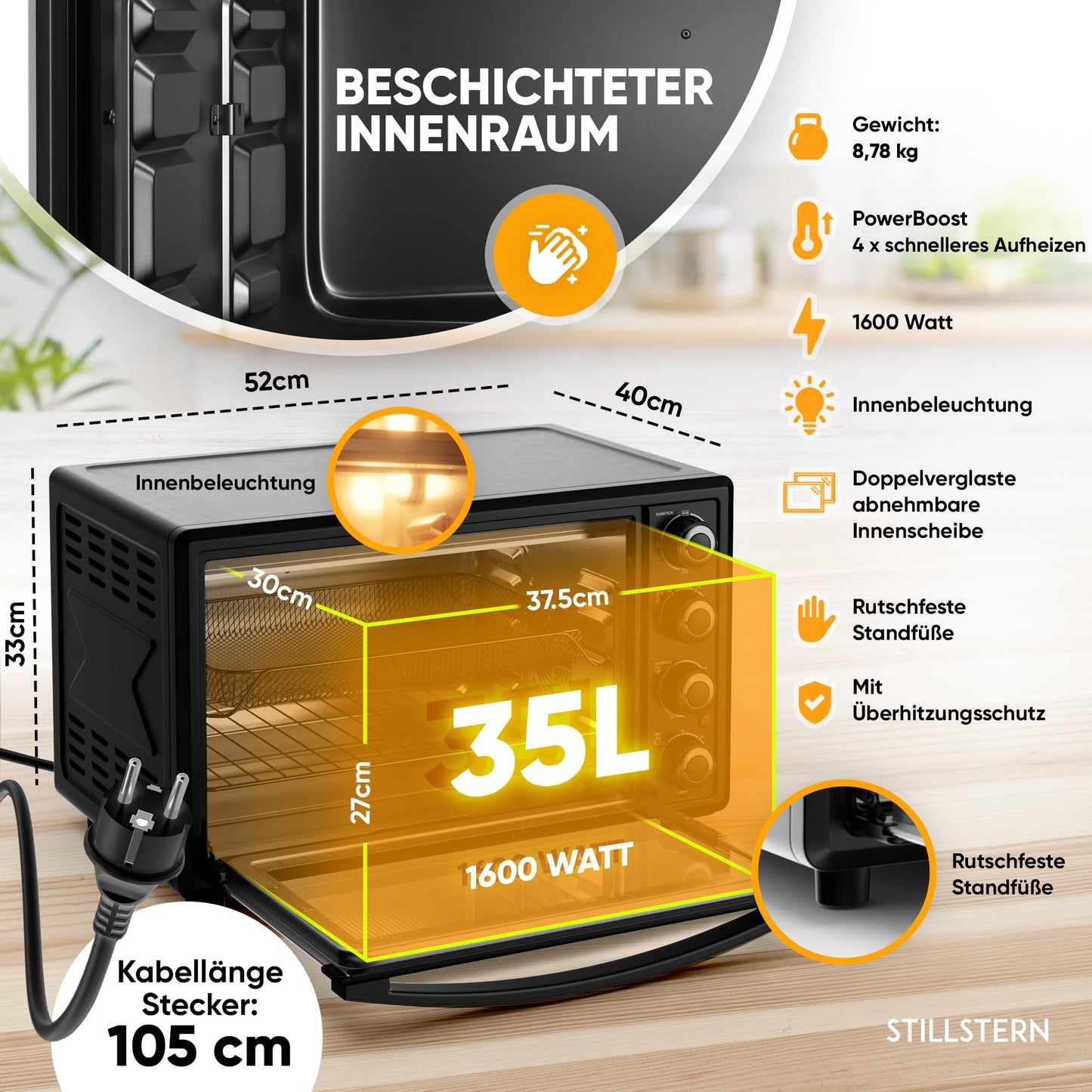 Stillstern Mini Convection Oven 35L (DE version) Pizza Ø28, CYCLONE PRO+ non-stick coating, Thawing, 2h Timer, Camping Mini Convection Oven Pizza Oven Mini Oven small Rotisserie Chicken Grill with Spit