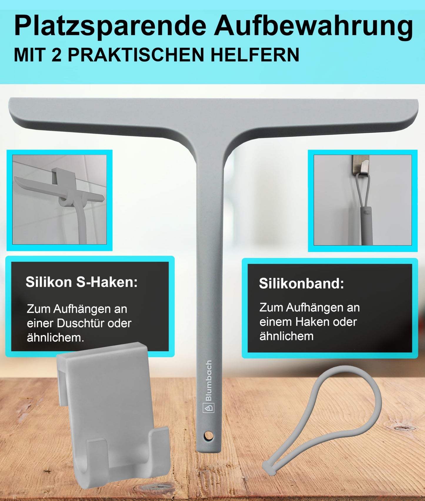 BLUMBACH® Shower Squeegee in grey, 28 cm wide with holder, silicone squeegee with stainless steel core, for shower walls and glass, perfect for wiping off water after a shower.