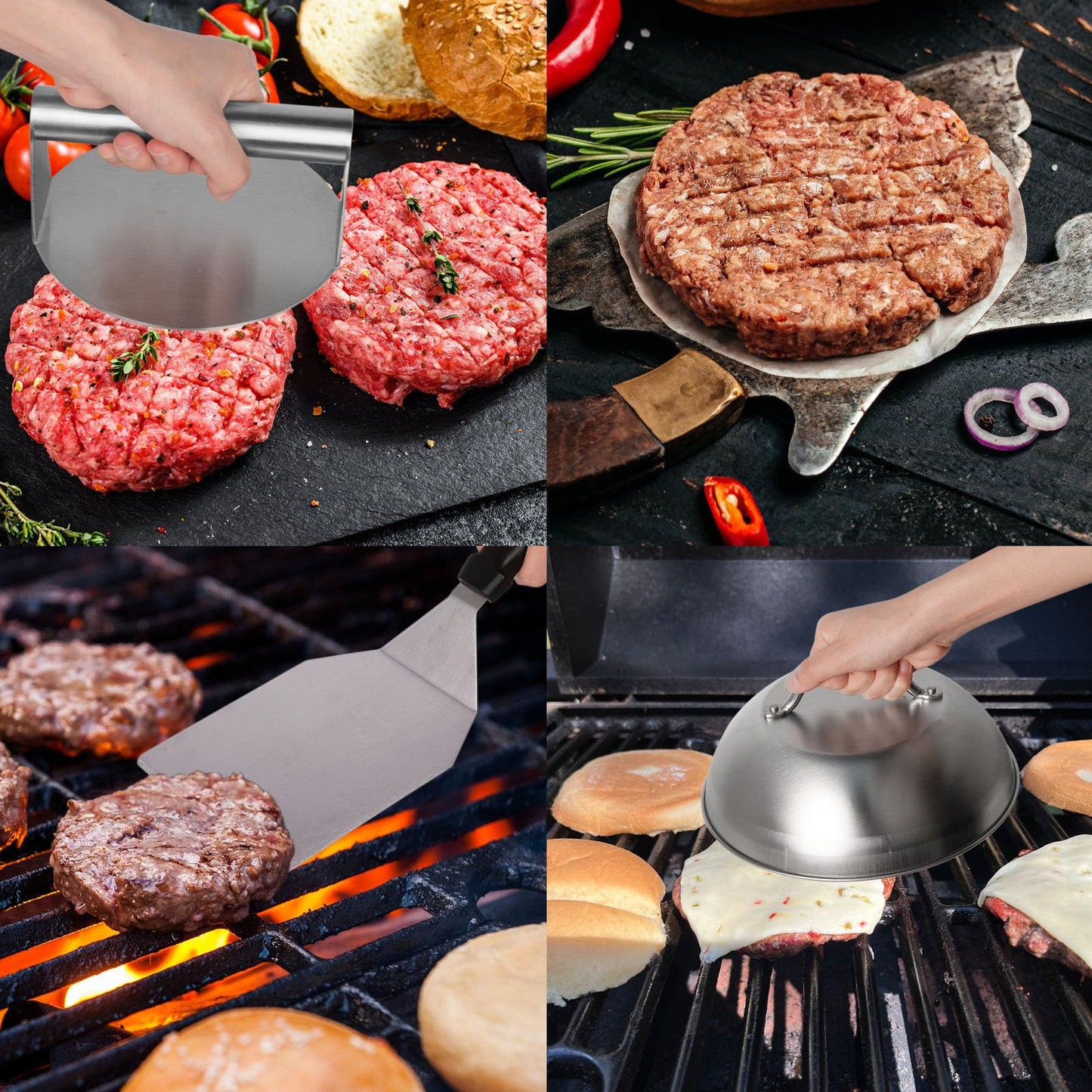 W&H's Stainless Steel Smash Burger Set includes a 4-piece set of burger smasher tools: burger press, grill spatula, burger dome, and 50 parchment papers. Ideal for making delicious homemade hamburgers both outdoor and indoor.