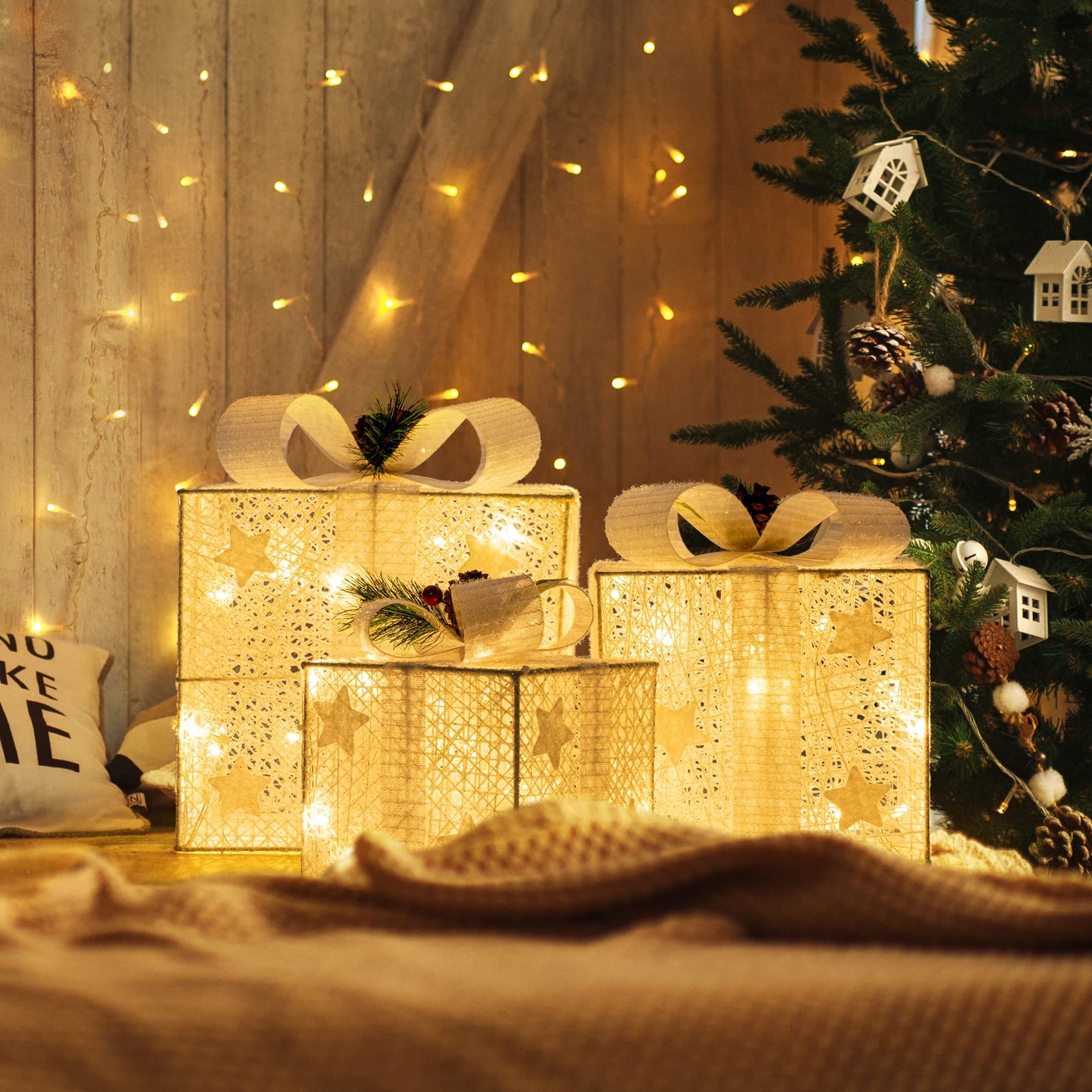 GIGALUMI LED Gift Box 3-Piece Set Christmas, 8 Modes 60 LED Glow Christmas Box, String Lights Lightbox with Plug for Indoor, White Christmas Decoration Xmas Decor Warm White