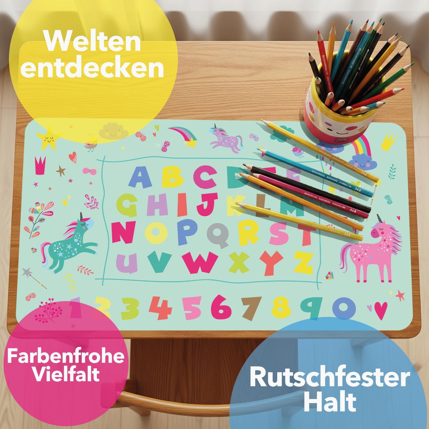 Lineo® Desk Pad for Kids; Waterproof table mat for children's desk; Desk pad (unicorn & princess design, 70x40cm)