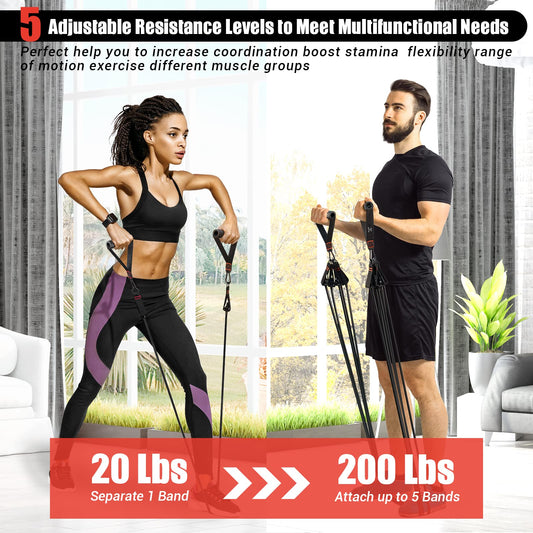 Resistance Bands Set, 5 fitness bands expander tube bands with large handle ankle strap door anchor attachment carrying bag, ideal for Pilates strength training.