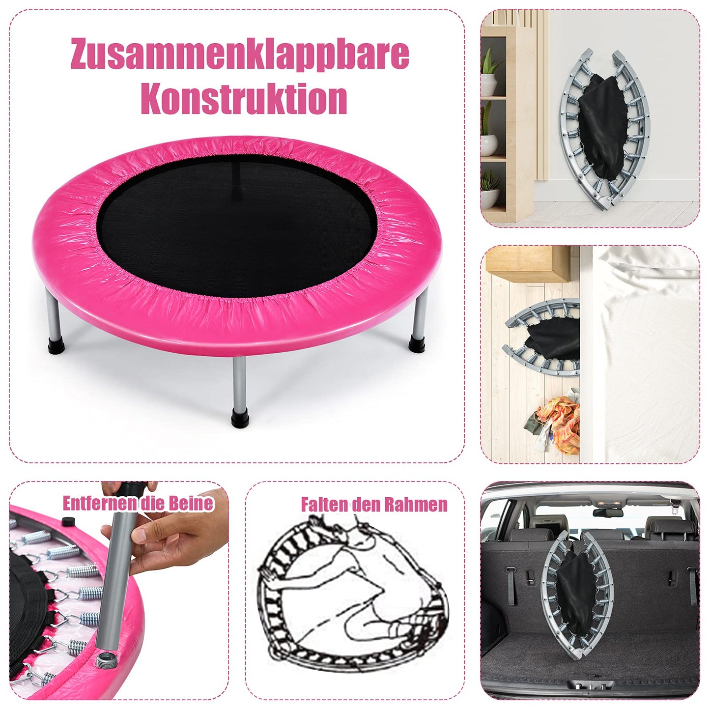 COSTWAY Φ97cm Mini Trampoline, foldable fitness trampoline, children's trampoline up to 150kg, garden trampoline indoor for kids and adults (Pink)