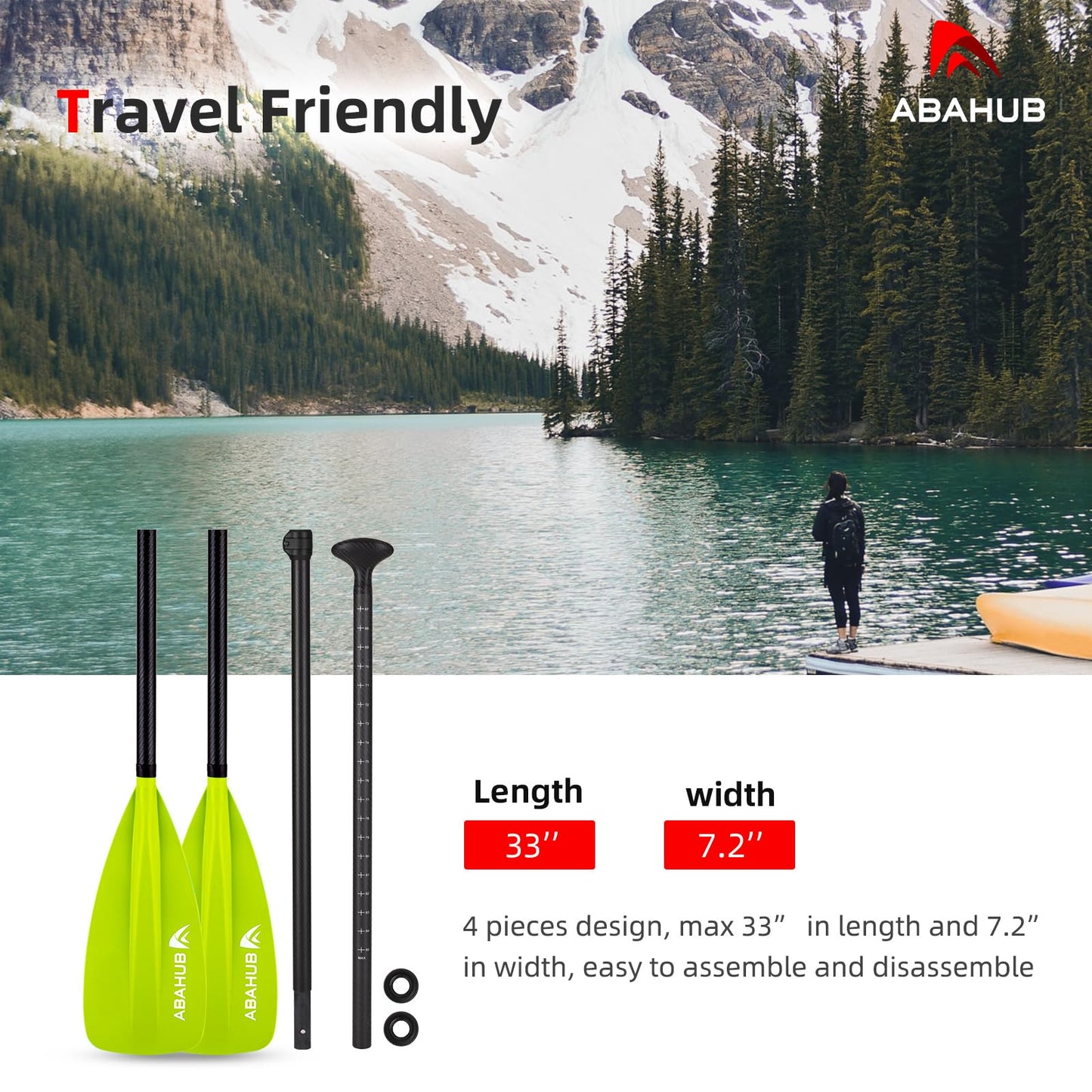 Abahub 4-piece Carbon SUP Paddle/Kayak Oar, adjustable Stand up Paddleboard Paddle, Lightweight Carbon Shaft with green plastic blade