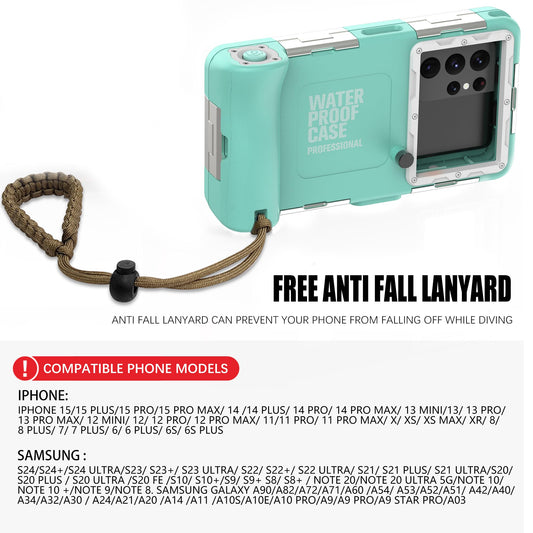 IPX8 waterproof diving phone case for swimming. Universal underwater cover for iPhone 16 15 13 11 Samsung S25 S23 S21 Ultra Huawei Google OnePlus Xiaomi LG (2nd Gen Blue White).