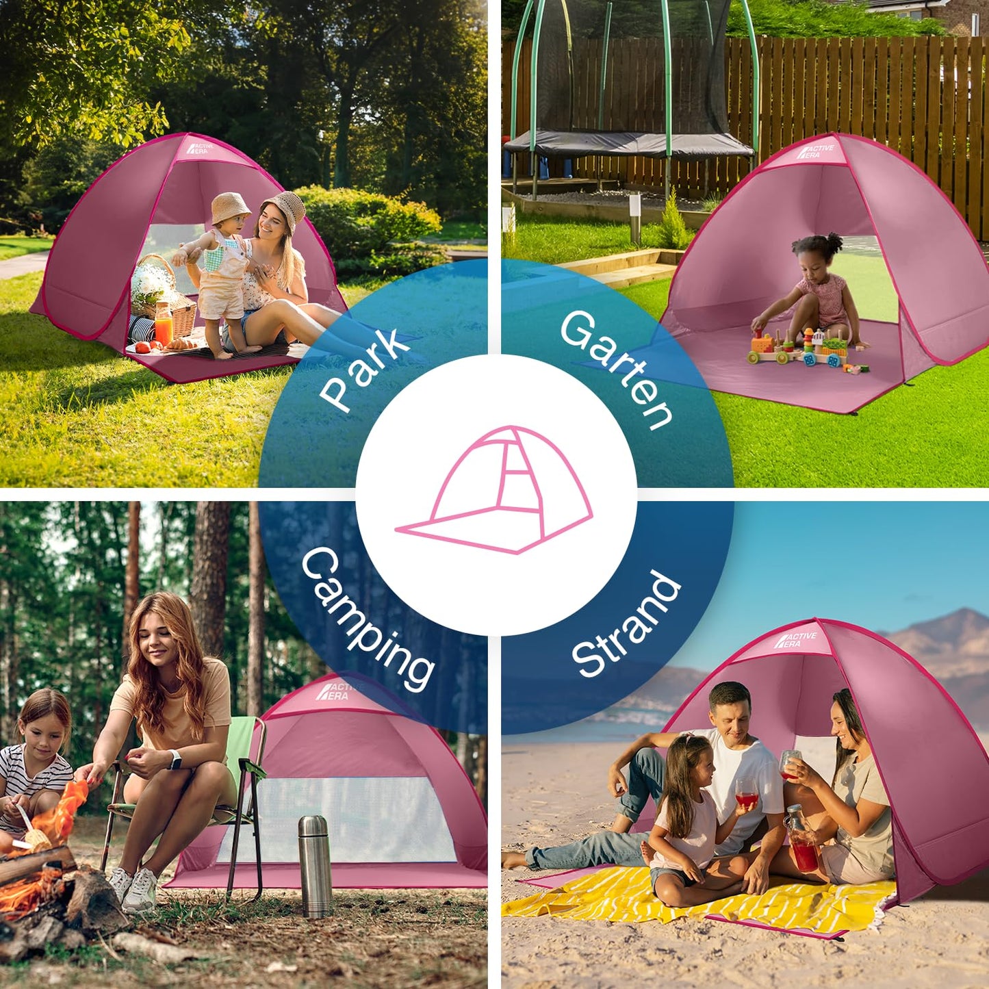 Active Era Pop Up Beach Shelter with UV Protection, UPF 50+ Beach Tent, Windbreak Shelter, Tent for 2-3 people including carrying bag and pegs - Pink