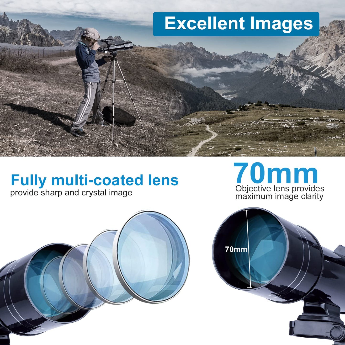 BNISE Telescope Astronomy Professional, 70/400MM Telescope for Kids Beginners with Adjustable Tripod Smartphone Adapter and Moon Filter