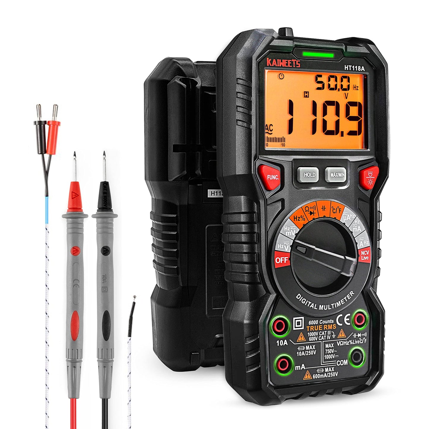 KAIWEETS Digital Multimeter with LED jacks, True RMS Auto-Range 6000 Counts, measures voltage, capacitance, temperature, resistance for electricians.