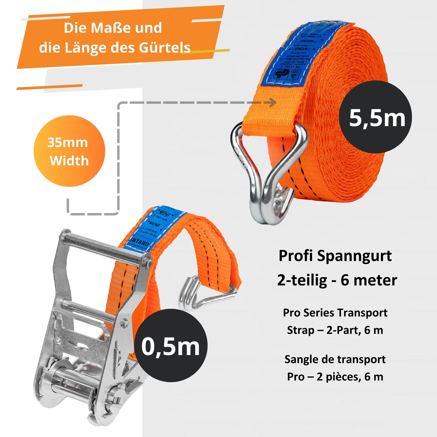 INTAKO tie-down straps with ratchet and hooks - 6m 2000kg 35mm - 4 pieces - ratchet set - ratchet strap 2-piece - lashing strap orange - TÜV GS tested and according to DIN EN 12195-2