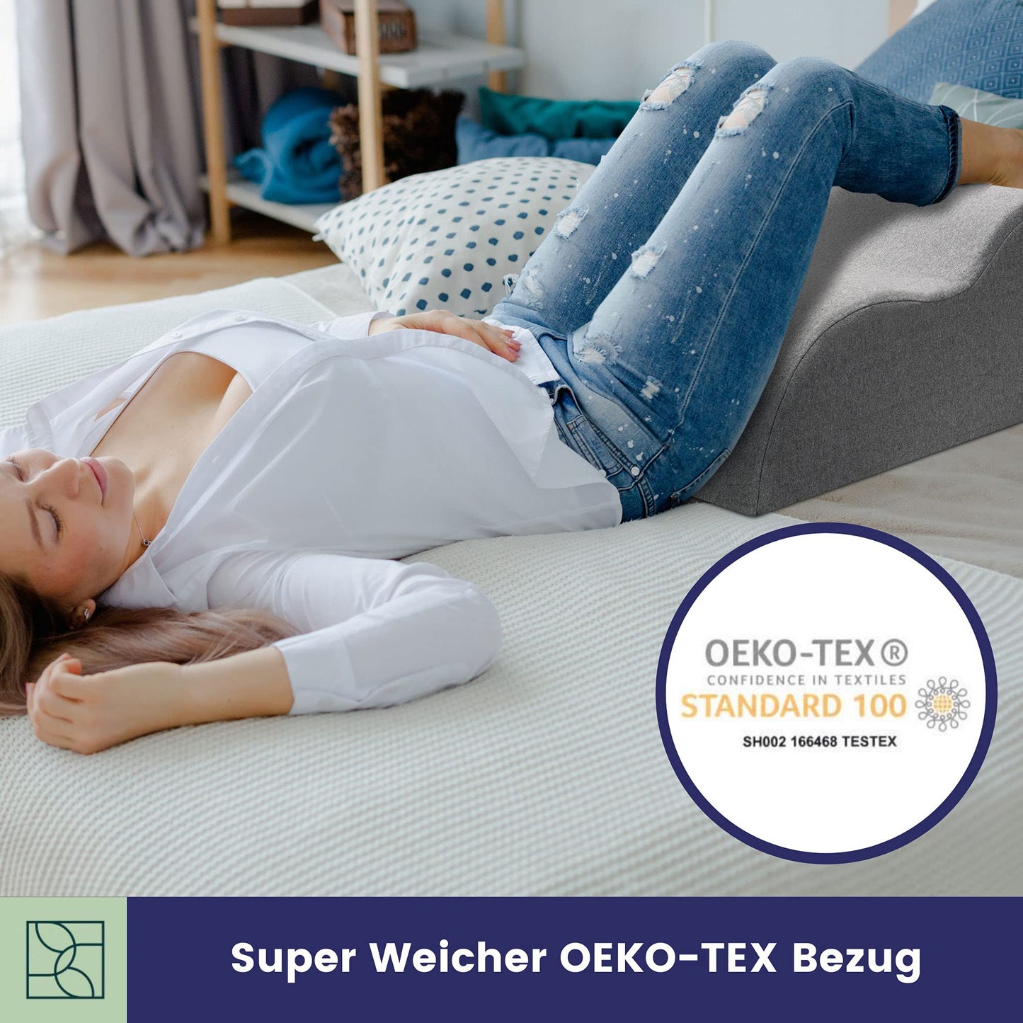 Ergonomic leg pillow for elevating legs, relieving leg strain. Ideal for adults, Oeko-Tex certified. Great leg support cushion.