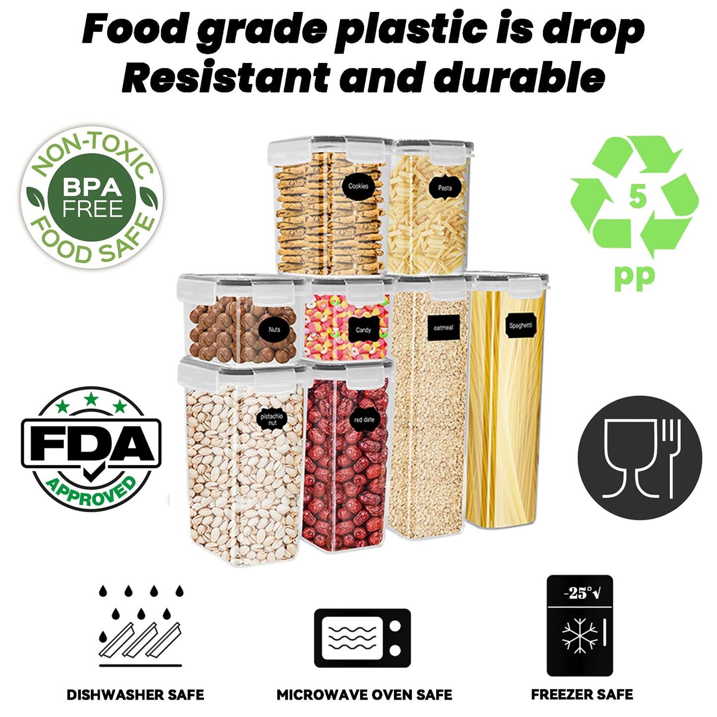 Baozun airtight food storage containers 8-piece set, kitchen storage box with plastic lids, cereal container for grains, flour, cereal (2.8L/2L/1.4L/0.8L)*2