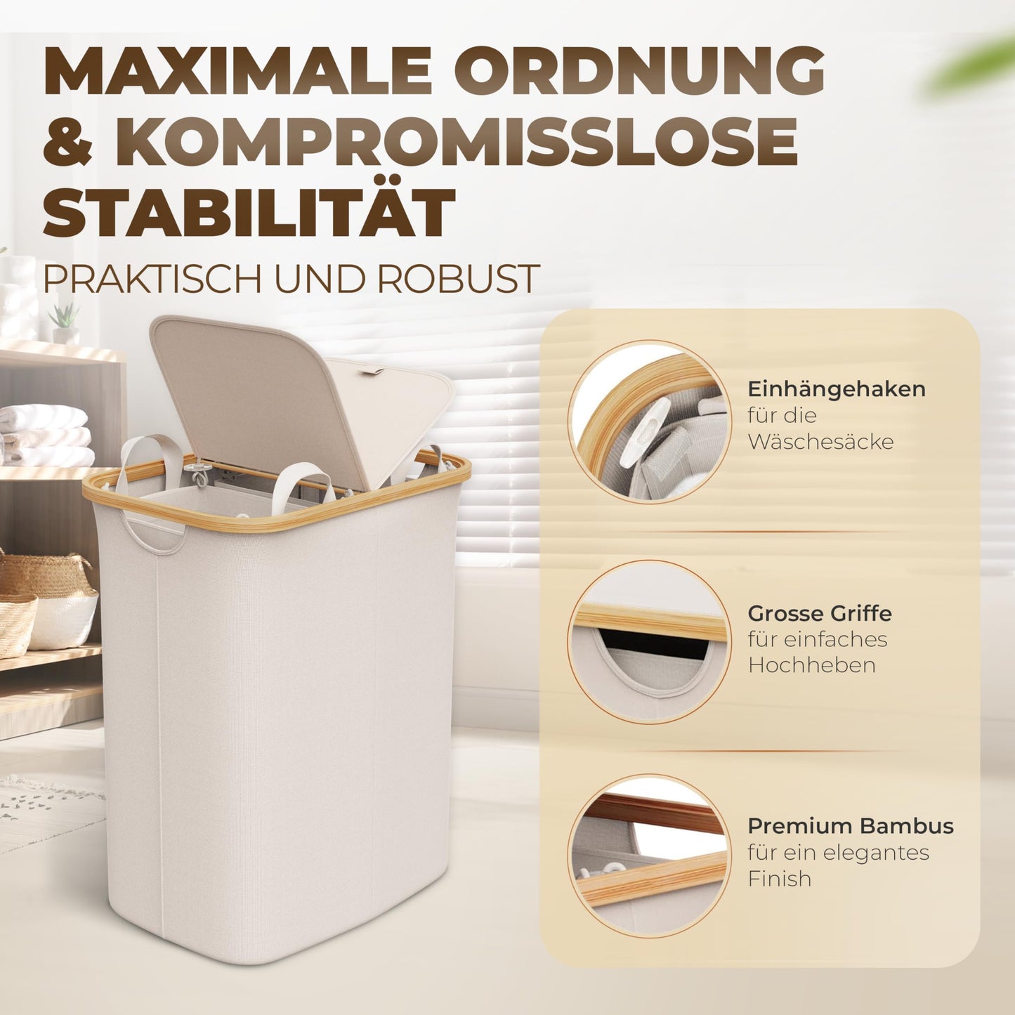 Laundry basket 150L with 2 lids and 2 compartments - Foldable laundry collector made of bamboo fabric Beige - Laundry box, laundry chest, laundry container, laundry separator for bathroom, bedroom & laundry room.