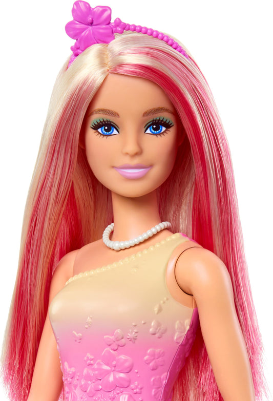 Barbie Royal Doll with imaginative hair in blond and pink, colorful accessories, pink ombre top, and butterfly-patterned skirt, HRR08.