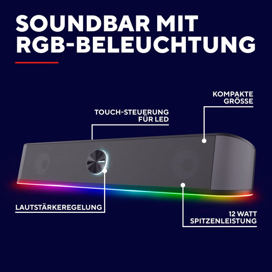 Trust Gaming GXT 1619 Rhox PC Soundbar with RGB lighting 12W (6W RMS), stereo computer speakers, USB-powered, 3.5mm AUX connection, small PC speakers for desktop, TV, laptop - Gray