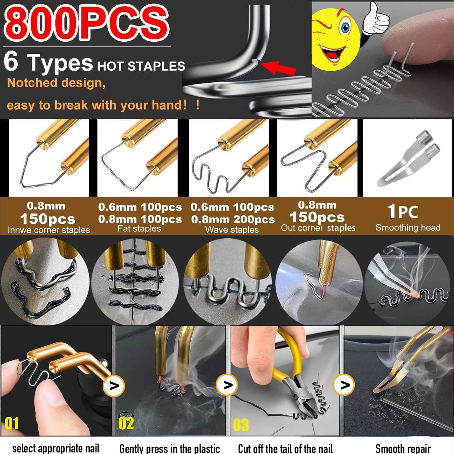 220W Plastic Welder 2-in-1 Car Plastic Repair Kit with 800PCS 6 Types Welding Staples & 2pcs Welding Rods, Plastic Welding Car Plastic Repair Kit for repairing car bumpers
