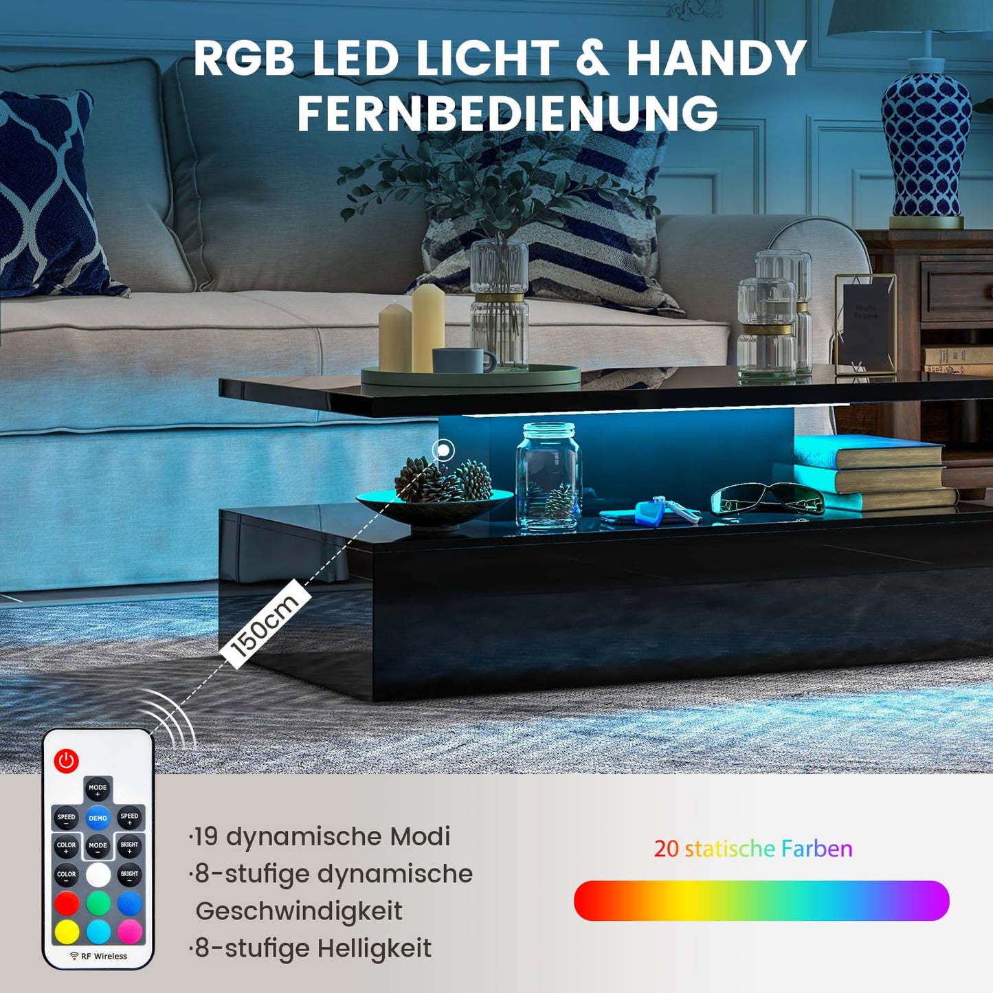 COSTWAY LED coffee table high gloss, living room table with adjustable light colors & brightness, remote control, 2-tier coffee table, rectangular sofa table for living room, black, 110 x 60 x 40 cm.