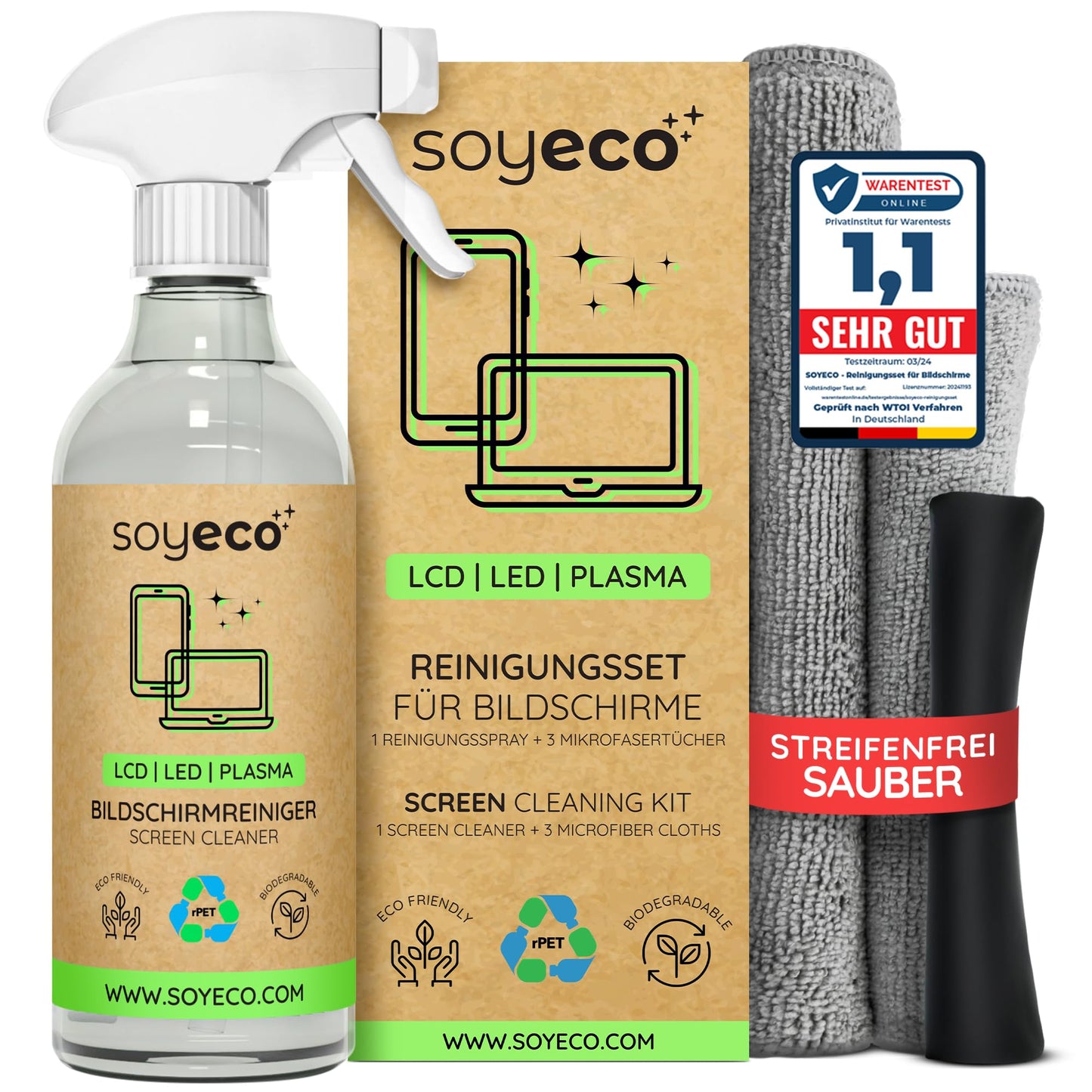 500ml screen cleaning spray + 3X microfiber cloth: 40x40cm, 30x30cm, | Cleaning fluid | For smartphone, laptop, tablet, TV, LCD/TFT, LED, OLED, monitors, watches | No streaking