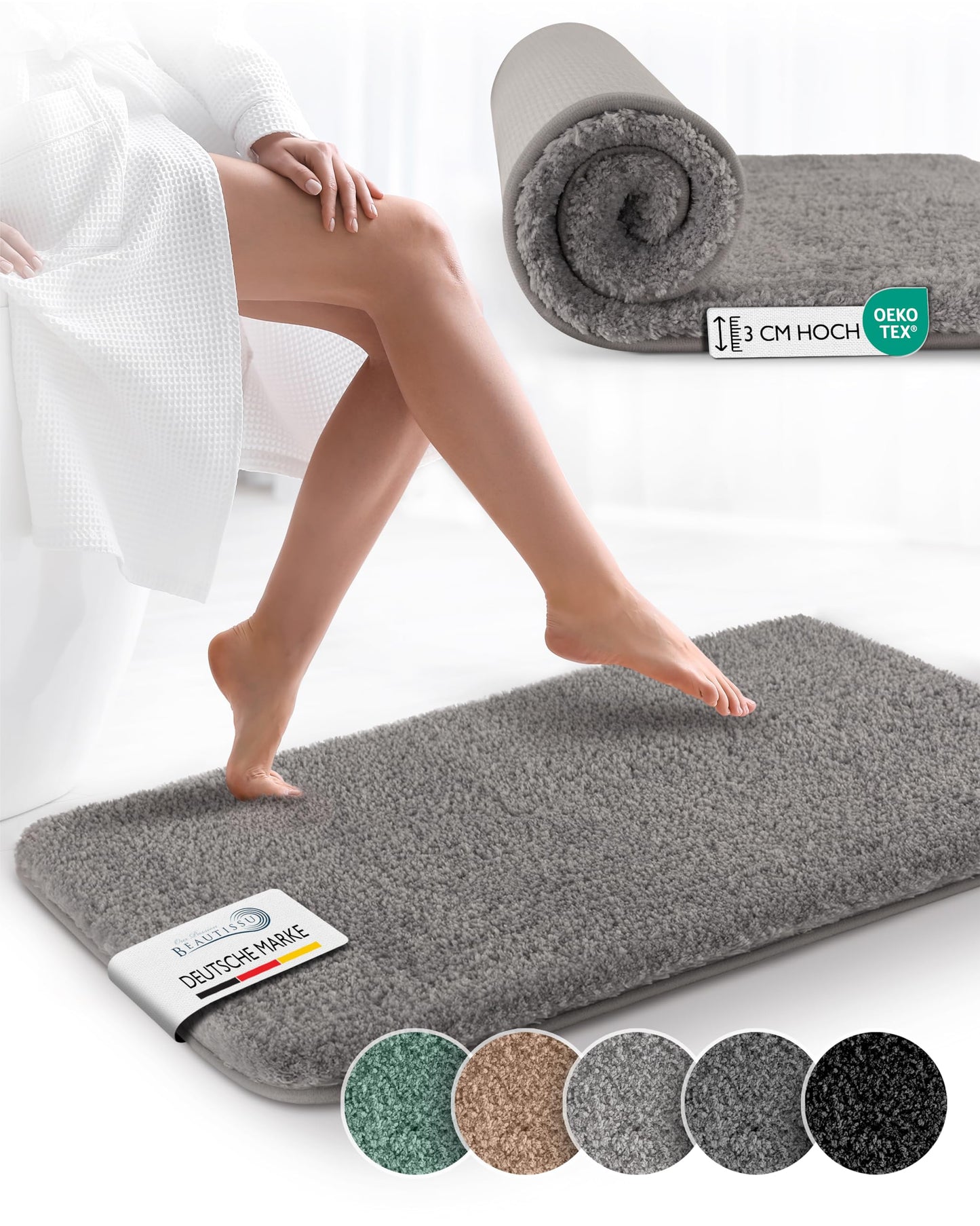 Beautissu bath mat non-slip 120x70 cm - shower rug high pile bath mat non-slip washable shaggy look - fluffy bath rug shower bathroom mat large - gray bath mat BeauMare FL