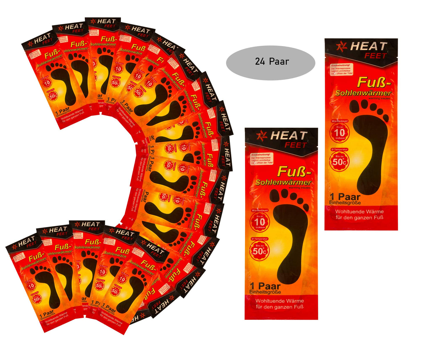 24 pairs of HEAT FEET thermal insoles, foot warmers, heated soles, warm inserts for cold feet during winter sports, outdoor activities, and Christmas markets.