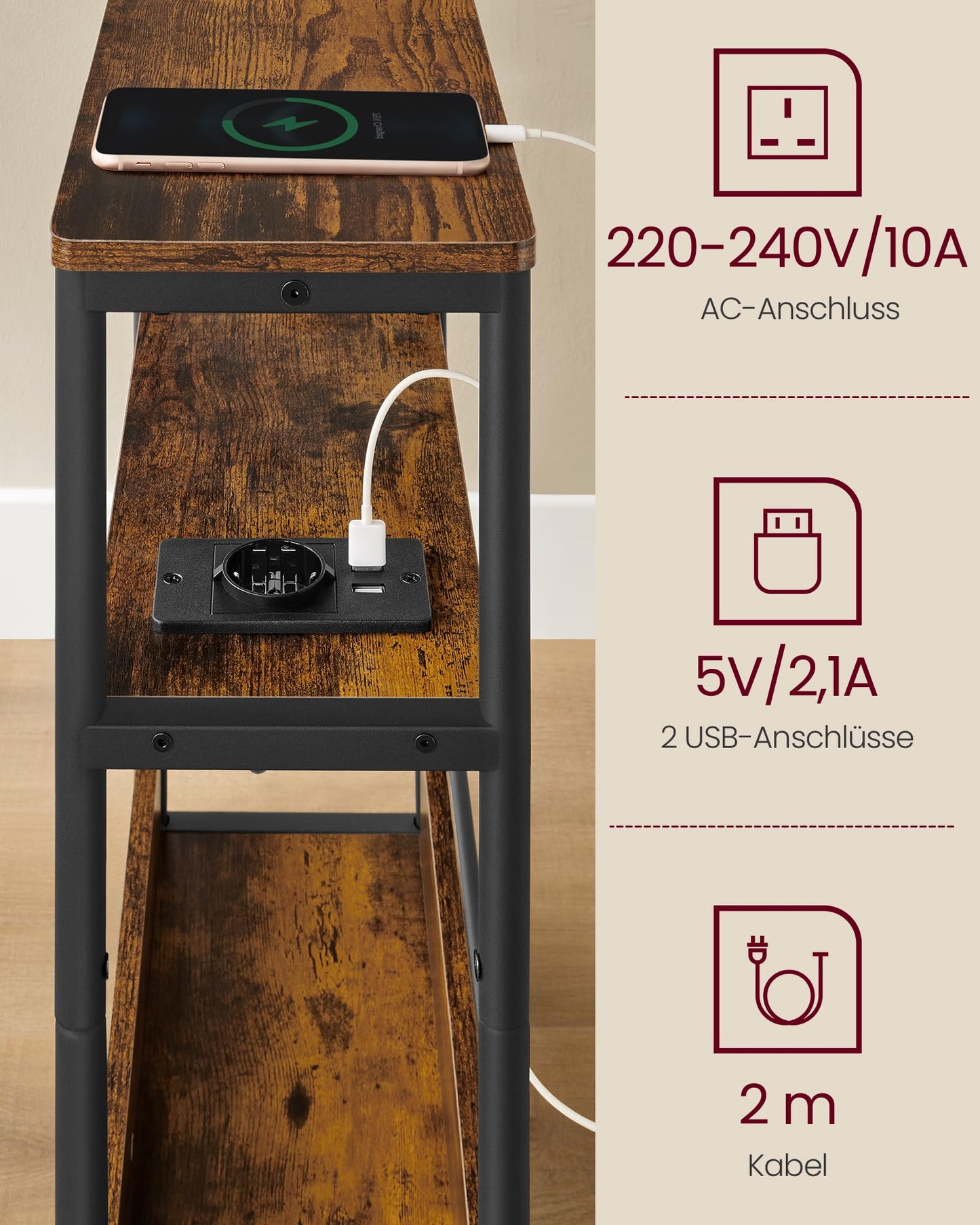 VASAGLE slim side table, nightstand with drawer, small coffee table, 3 shelves, magazine holder, for living room, bedroom, study, vintage brown-ink black LET335K02