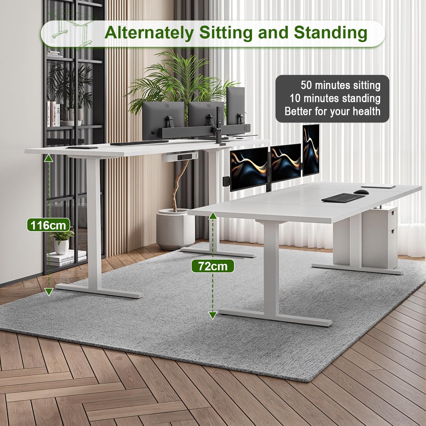 JUMMICO adjustable desk 180 x 80 cm with cable tray, Electric height adjustable standing desk with USB outlet, Computer desk, Ergonomic standing-sitting table, Office desk, White
