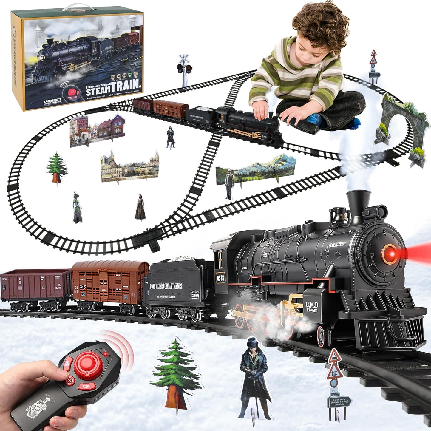 Ulikey Electric Train Set for Kids, Electric Train Toy with Sounds and Light, Steam Locomotive Train with Smoke, Rechargeable Classic Remote Control Trains for Boys 4 5 6 7 8 9 10