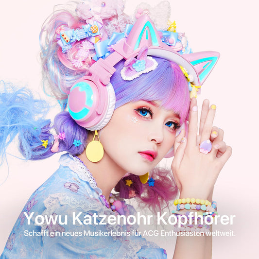 YOWU RGB Cat Ear Headphone 3S Wireless 5.0 Foldable Gaming Headset with built-in microphone & customizable lighting and effects through app, Type-C charging audio cable, for PC Laptop Mac Smartphone (Pink)