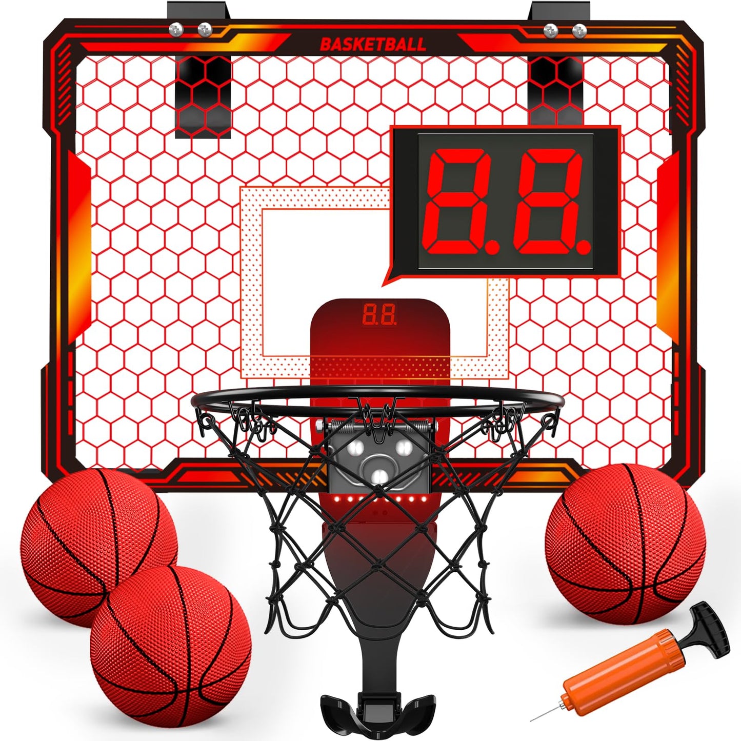 HYES Mini Basketball Hoop with 7 Lights for Kids, 3 Modes, Electronic Scoreboard, 3 Balls, Pump, Indoor Outdoor Sports Toy, Red