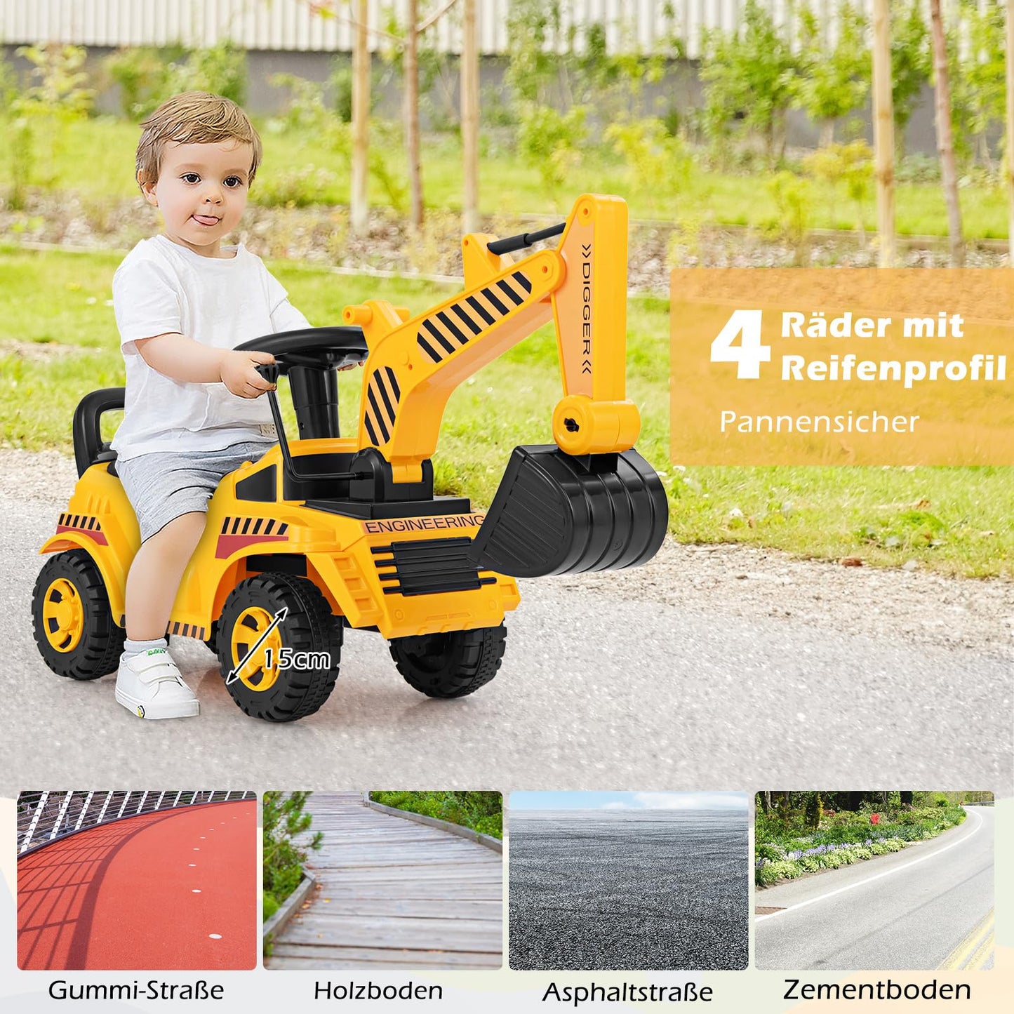COSTWAY Ride-On Excavator for Kids, with Adjustable Shovel & Storage Space under the Seat, Excavator with Engine Sound & Tipping Protection, Ride-On Excavator for Children aged 1 year+