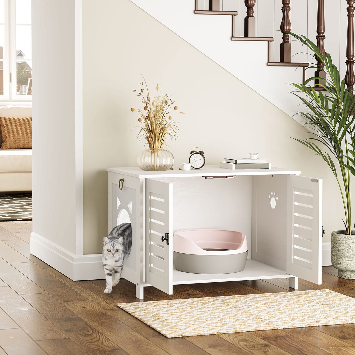 HOOBRO Cat Litter Box Cabinet, Wooden Cat Litter Box with Blinds Style Inside, Cute Cat Head Shaped Door Entry, 60 x 45 x 50 cm, White EWT60MW01
