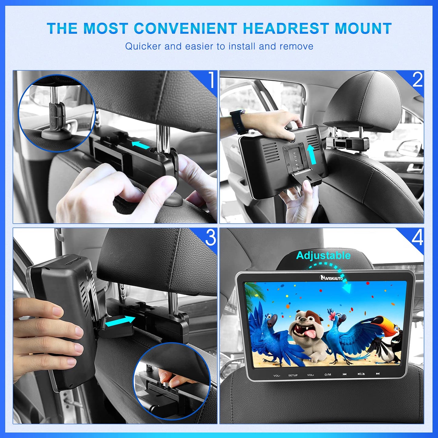 NAVISKAUTO 2 Car DVD Player 10.1 Inch Monitors with Slot In Design, HDMI IN, 2 Headphones, Car Headrest with 2 Mounting Brackets, Last Memory, Region Free, SD, USB/SD Card (2 DVD Player Car)