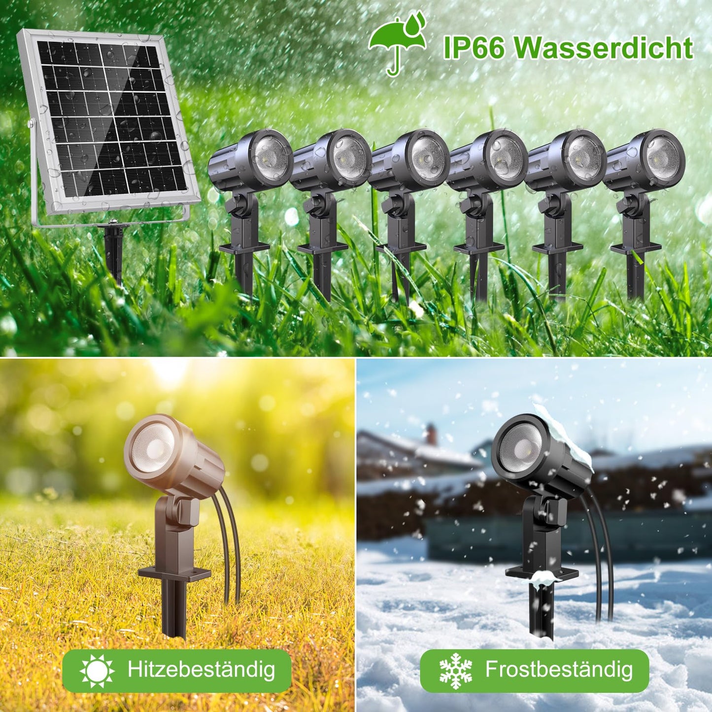 Left outdoor solar spotlights 6 pack with remote control, IP66 waterproof, dimmable with timing function and memory storage. Comes with ground spike for garden bushes and trees.