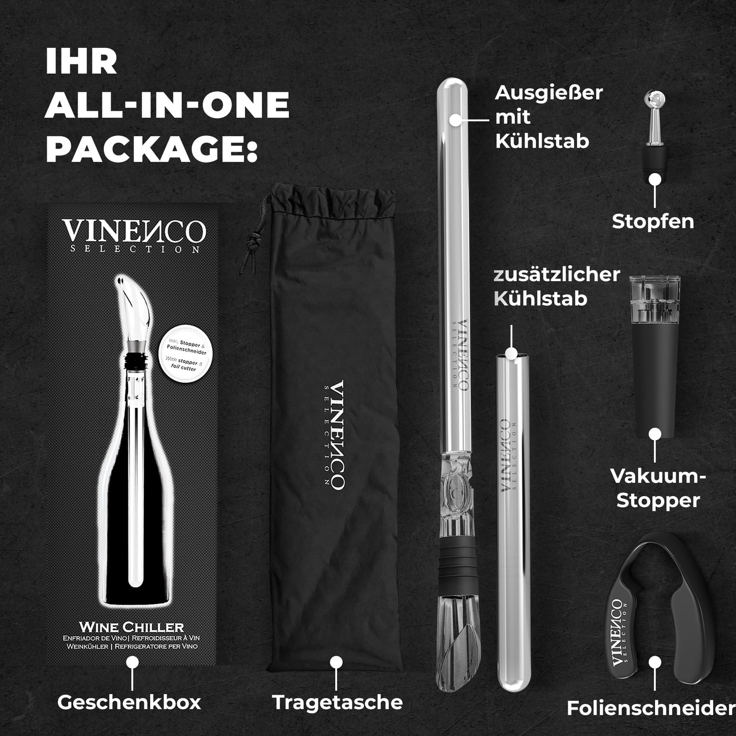 VINENCO Wine Cooler Set THE ORIGINAL, Bottle Cooler + Decanter 7-in-1 Premium Wine Accessories: Stainless Steel Bottle Wine Cooling Rod + Decanter Aerator + Pourer | Bar Gift Women Men, Red- White Wine