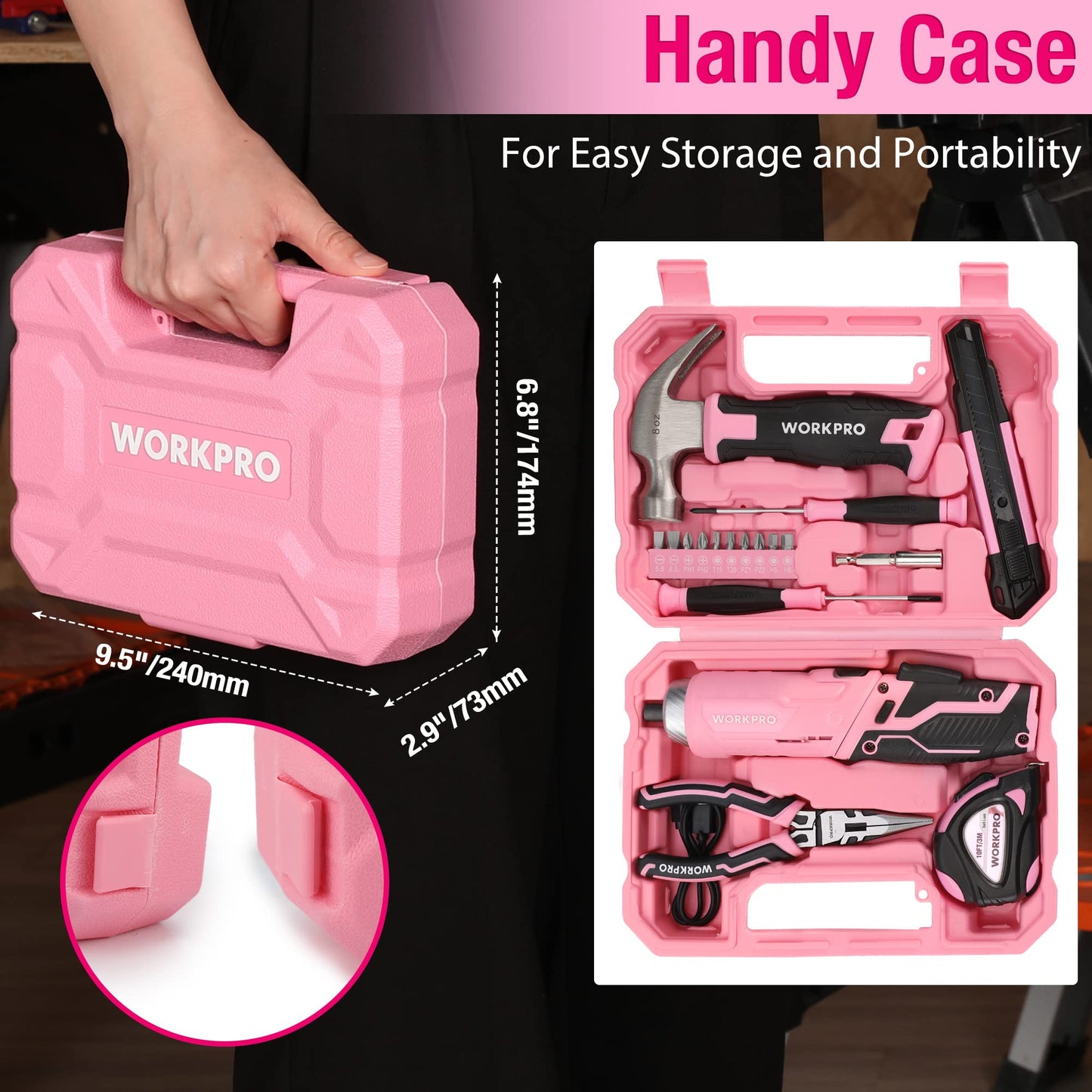 WORKPRO 18-piece pink tool set with USB C cordless screwdriver, small pink toolbox filled with household essentials, tool kit for DIY enthusiasts, children, crafting.
