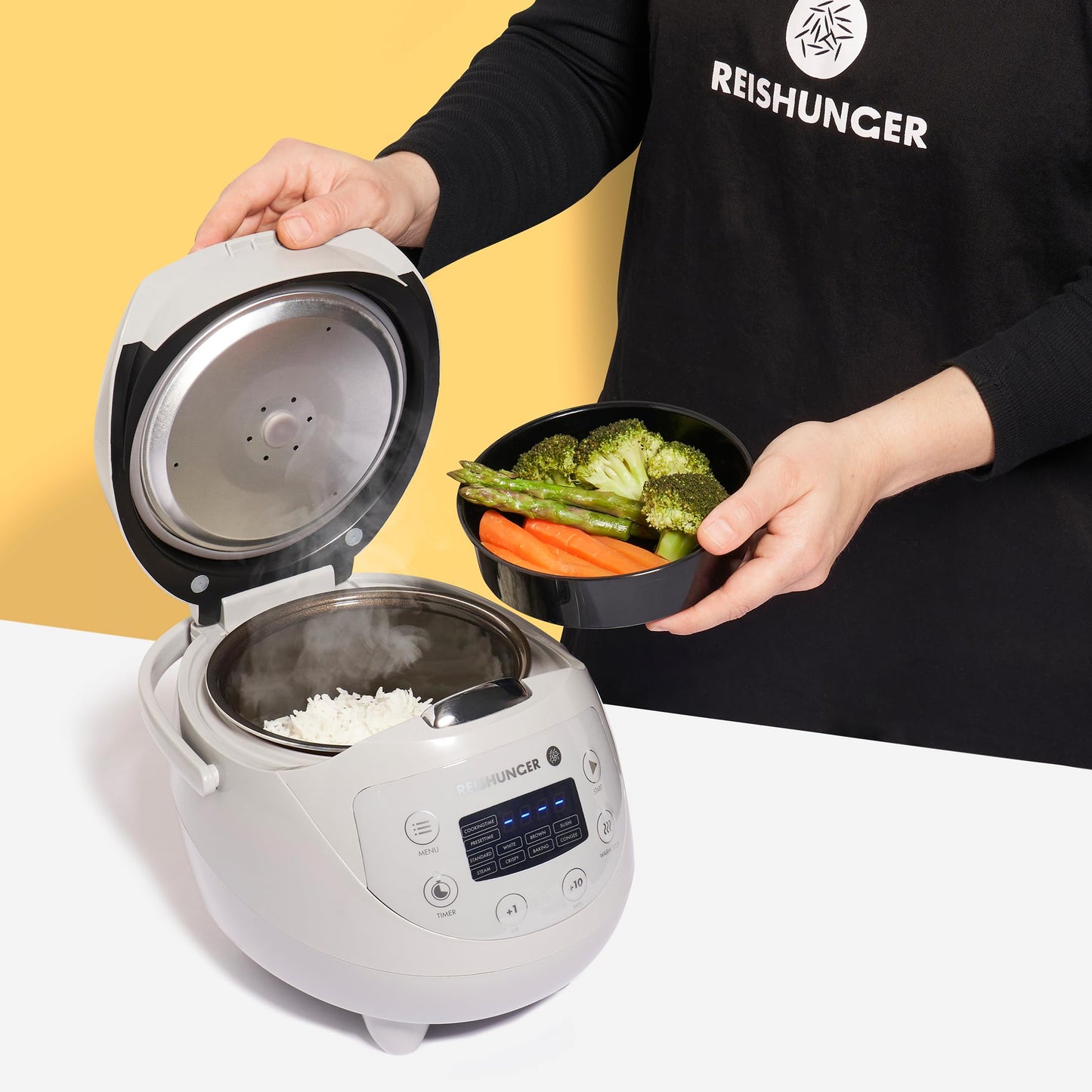 REISHUNGER Digital Rice Cooker small, gray | 0.6 L up to 3 people | Keep warm function, timer & premium pot | Small multicooker & steamer, 8 programs, 7-phase technology.