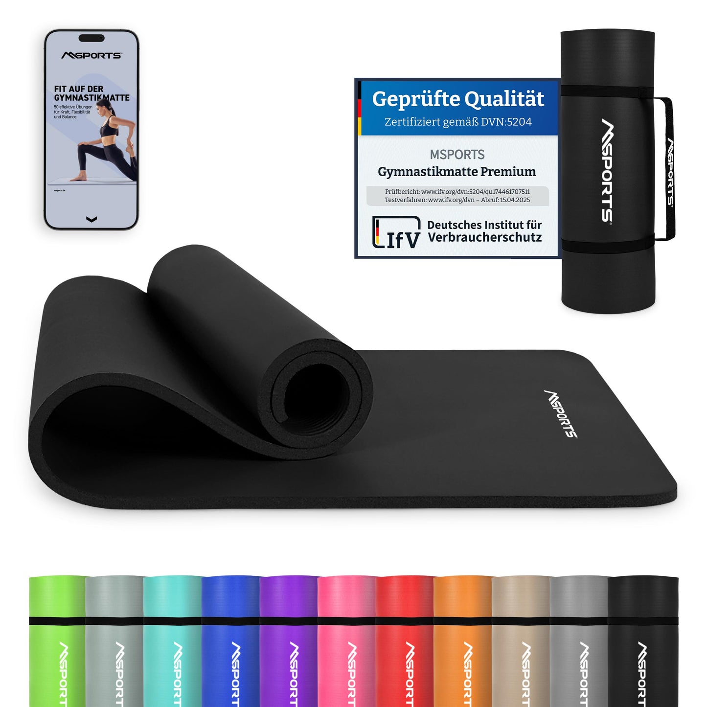 MSPORTS Yoga Mat Premium including carrying strap + exercise poster + workout app | Skin-friendly fitness mat 190 x 100 x 1.5 cm - Black Matte - Phthalate-free yoga mat