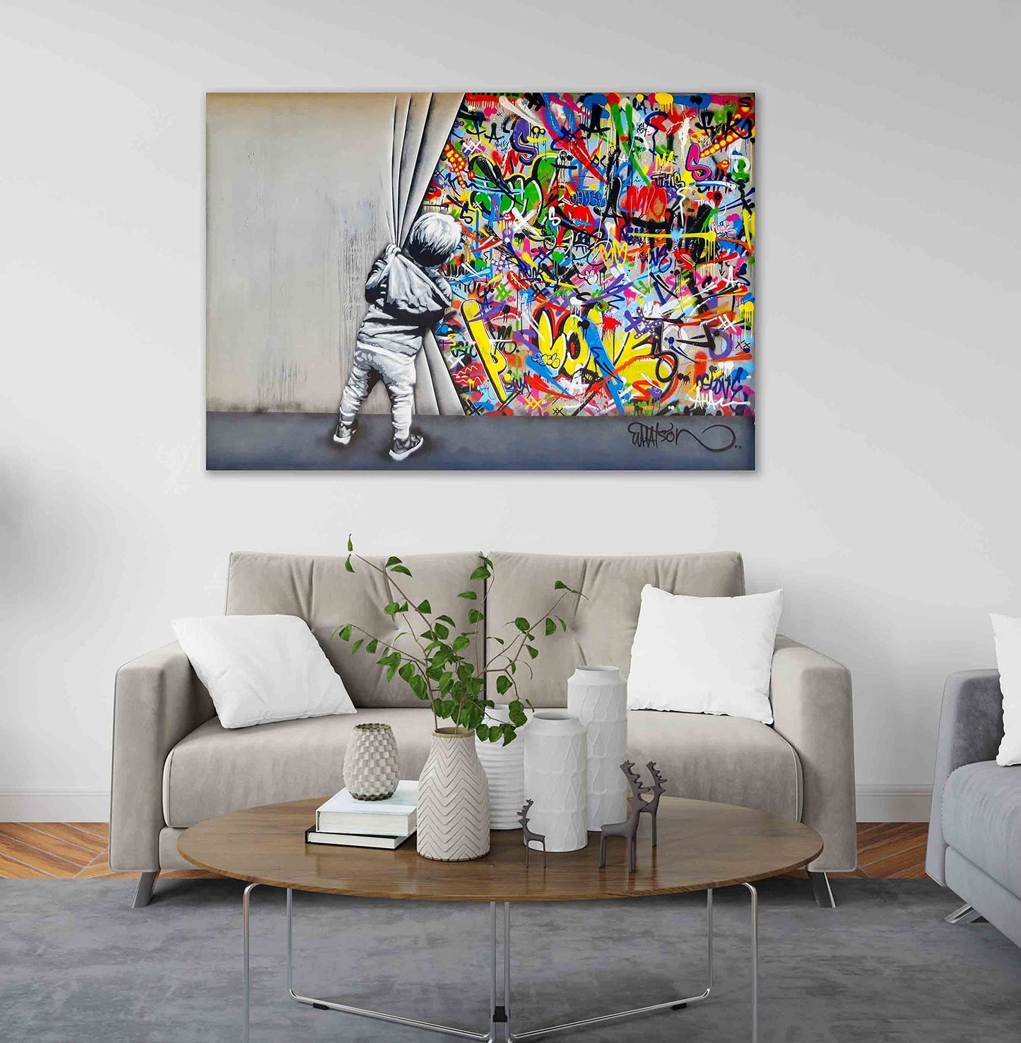 Wall art picture Banksy like - Boy behind the curtain - Canvas wall art, high-quality street art graffiti print I Wall decoration XXL ready to hang (80x120 cm)