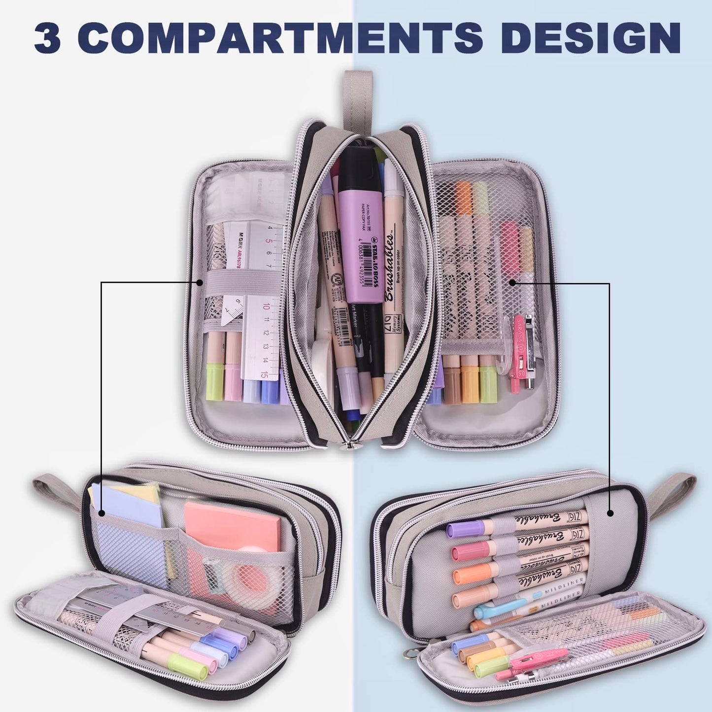 COLOCASTLE Pencil Case Large with 3 Compartments Pencil Pouch for Girls Boys Teenagers School Office (Gray)