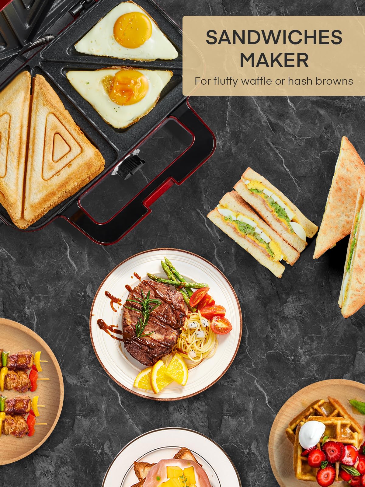 3 in 1 sandwich maker, 1200W waffle iron/contact grill/sandwich toaster, 5-level temperature control, non-stick plates, heat-insulated handle, dishwasher safe, LED lights, red.