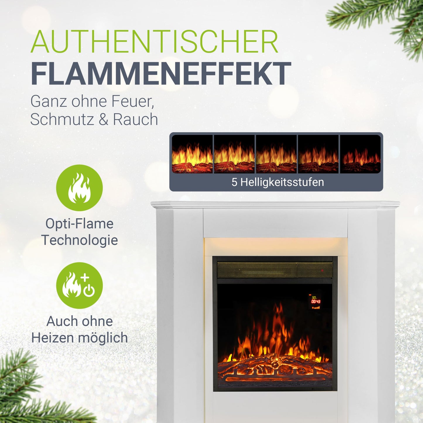 Juskys Electric Fireplace 1000 / 2000 W with heating, fireplace, flame effect, remote control, LED lighting & timer - Electric corner fireplace white
