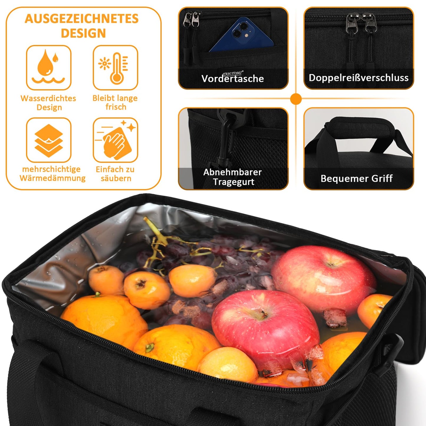 CALIYO Cooler Bag 15L Foldable & Portable with Zipper - Lunch Bag for Men and Women, Insulated Lunch Tote for Work, School, Picnic, Travel (Black)
