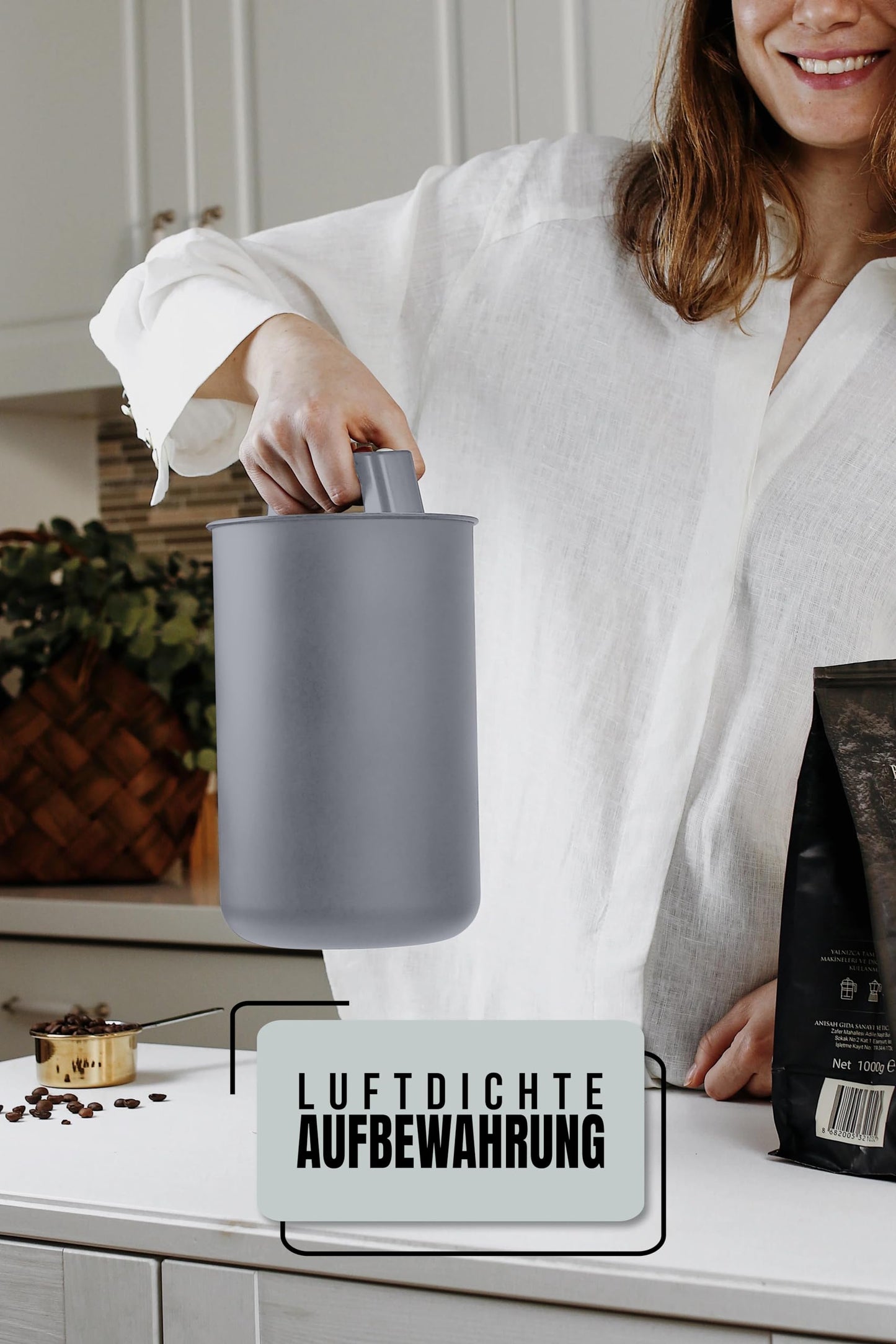 KC Kitchen & Co. Coffee canister airtight for 1 kg coffee beans - Stainless steel storage container with vacuum lid & aroma seal - Storage canister for coffee, tea, sugar, muesli - Gray (2800 ml)