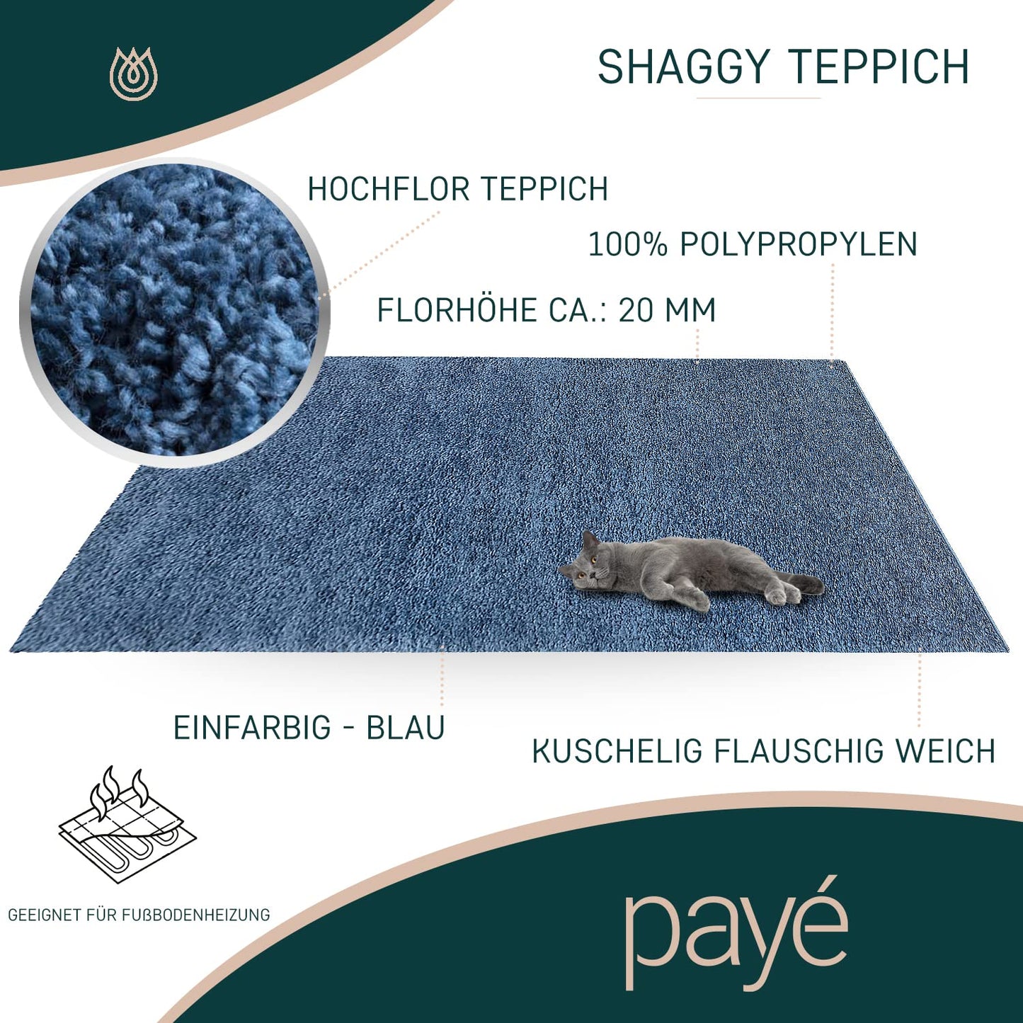 Paid carpet living room high pile shaggy - 160x230cm - Blue plain fluffy modern boho decor rugs soft bedroom