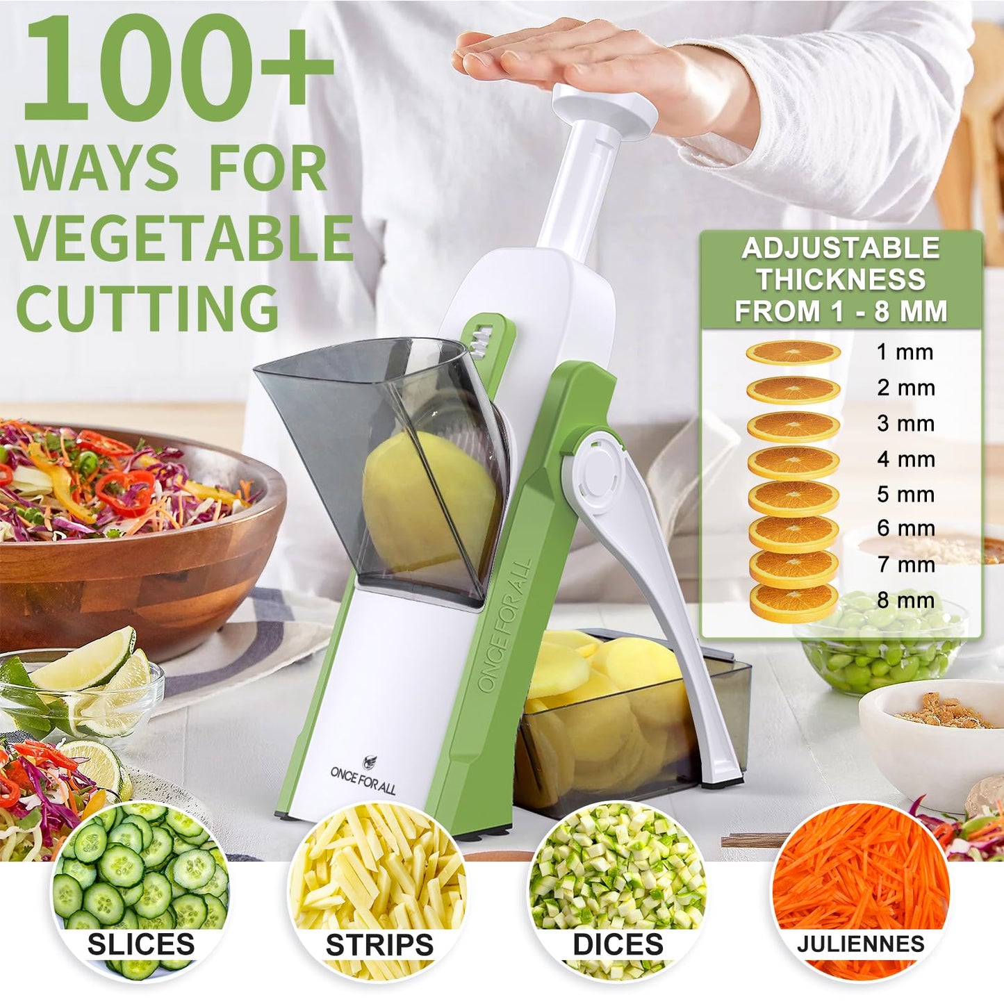 ONCE FOR ALL Vegetable slicer with collecting container, vegetable slicer ideal for cutting fries & potatoes, onion slicer cucumber slicer - dice slicer, julienne slicer.