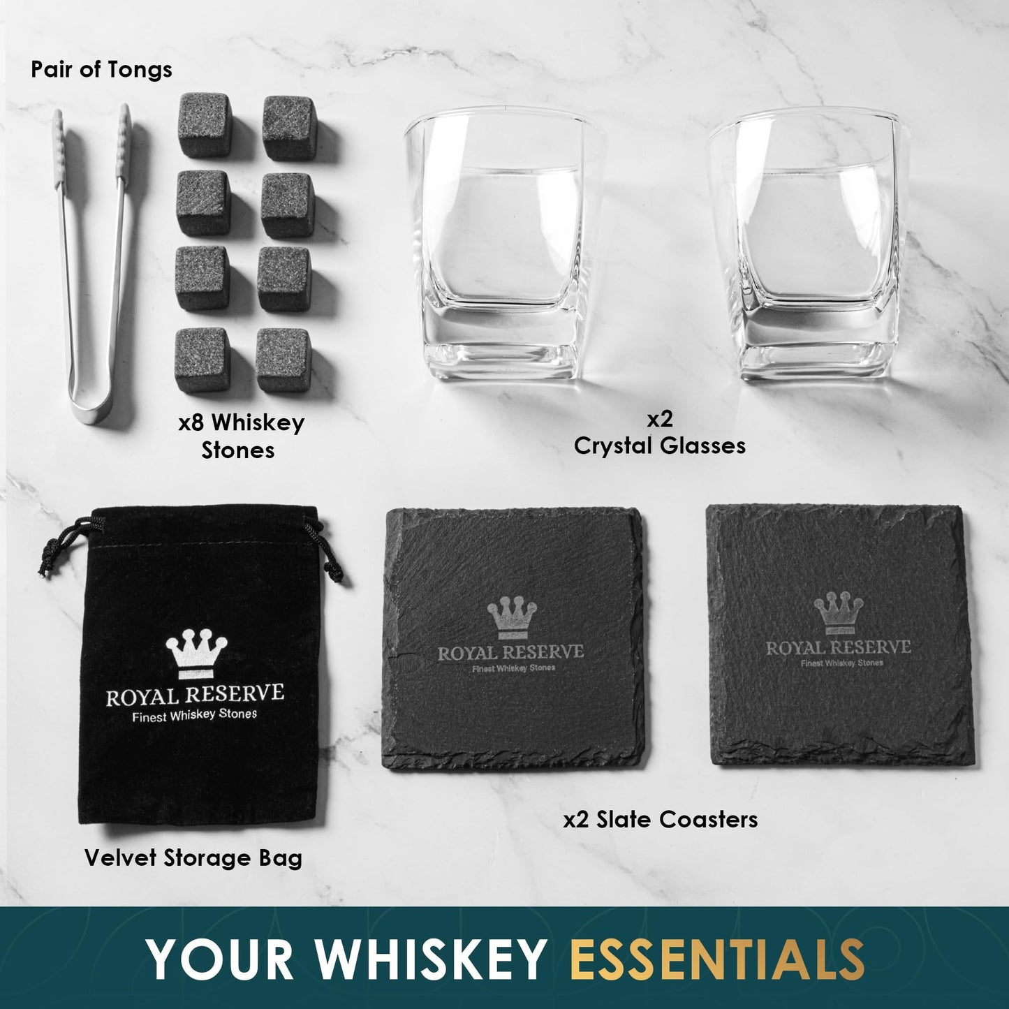 Whiskey gift set - whiskey glasses, stones, coasters, ice tongs, wooden box, history and recipe cards, velvet bag - accessory set, gift for men, husband, from Royal Reserve